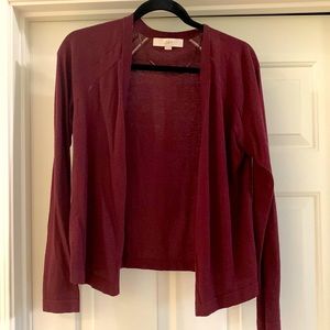 Loft long sleeve open cardigan, size small, burgundy